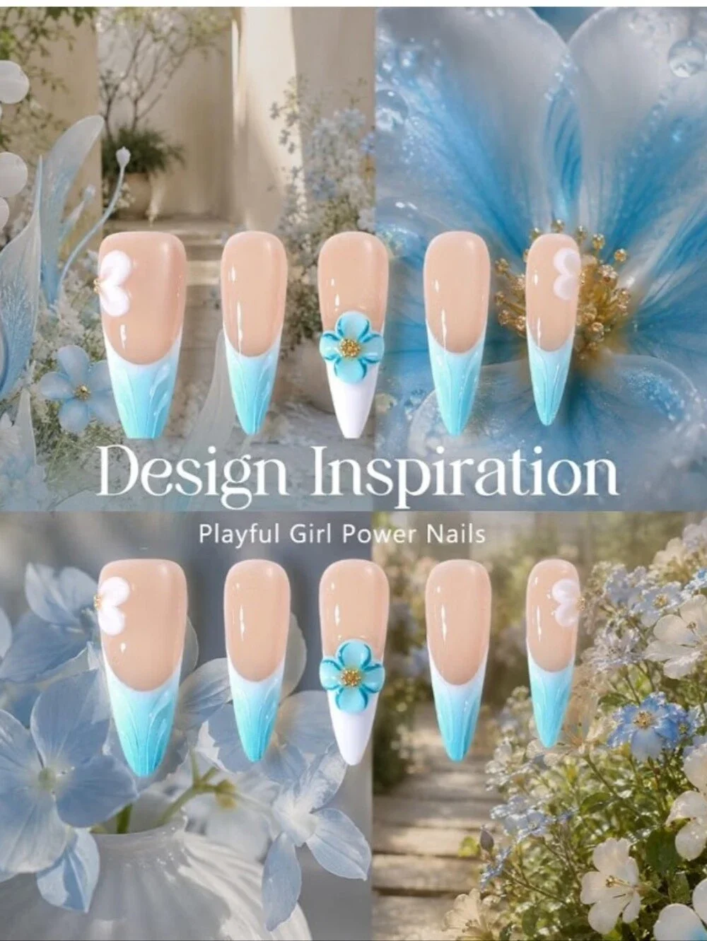 Handmade Press on Nails Acrylic - 3D Pink Blue Floral French Tip Short Almond